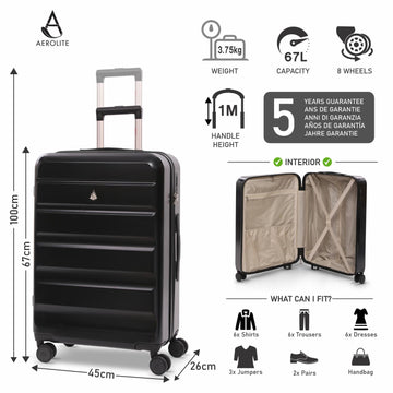 Aerolite 24” Medium 67L ABS Check-In Suitcase – Lightweight Hard Shell Luggage with 4 dual Spinner Wheels, TSA Lock & Organised Interior – Black